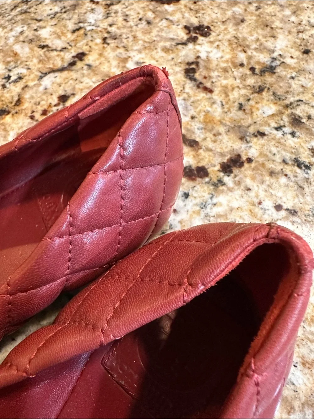Tory Burch Quilted Wine Leather Ballet Flats with Gold Cap Toe